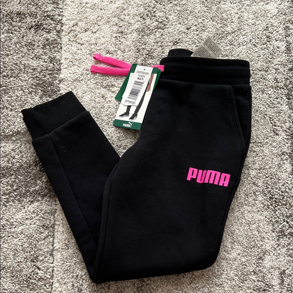 PUMA Kids Black Sweatpants with Vibrant Pink Logo